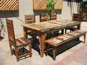 Recycled Wood Dining Table, Chairs and Benches