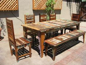 Recycled Wood Dining Table, Chairs and Benches